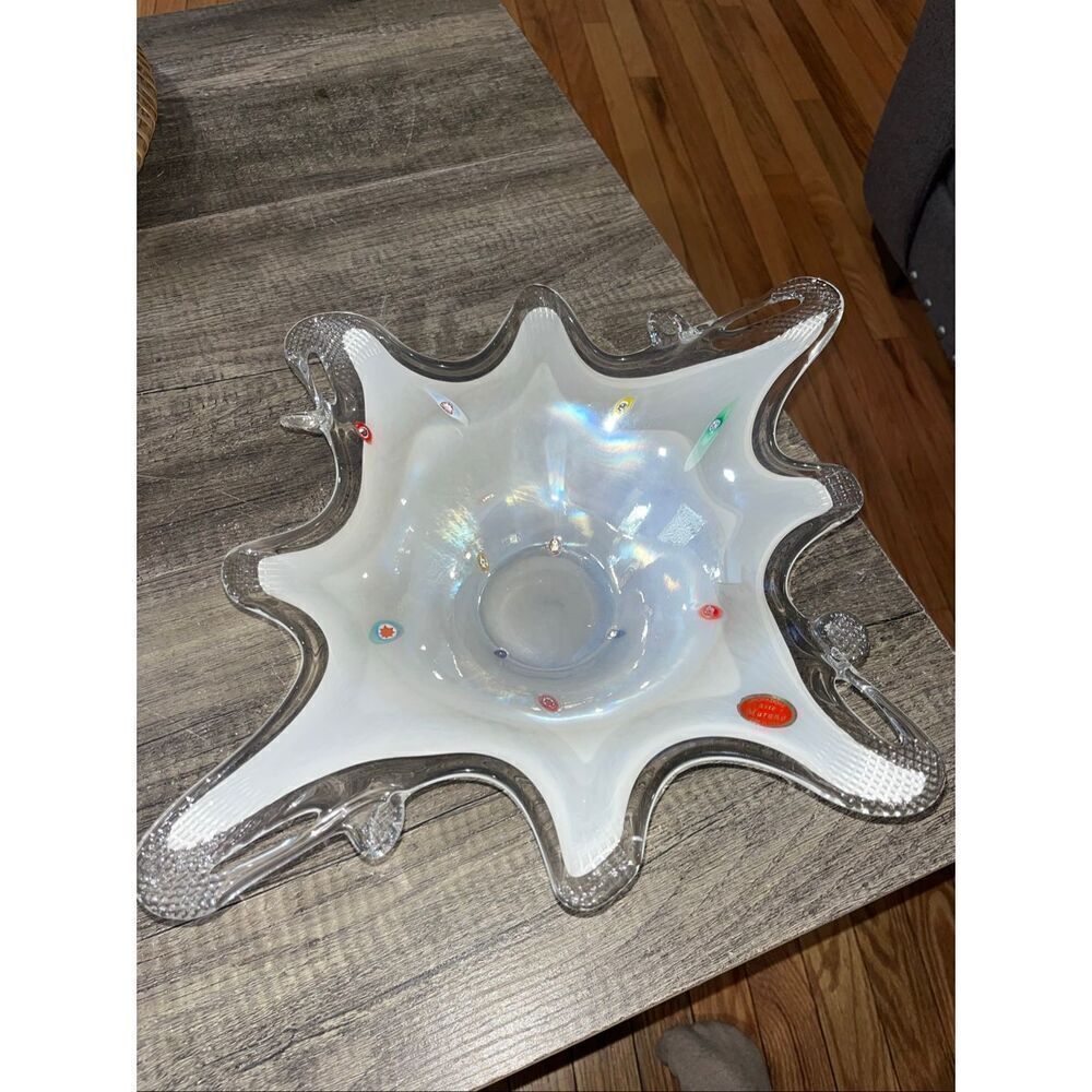 18" Large Lavorazione Arte Murano Art Glass Mid Century Centerpiece Footed Bowl